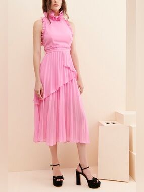 LA MAISON TALULAH Mock Neck Ruffle Midi Dress in Pink XXL